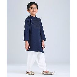 Babyhug Full Sleeves Woven Asymmetrical Kurta & Pajama Set - Navy & White