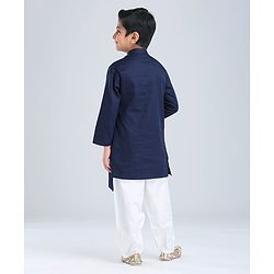 Babyhug Full Sleeves Woven Asymmetrical Kurta & Pajama Set - Navy & White