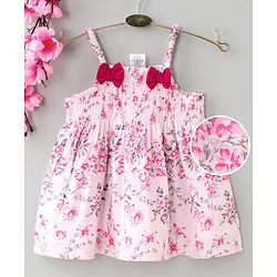 Babyhug Singlet Printed Top with Smocking & Bow - White