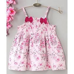 Babyhug Singlet Printed Top with Smocking & Bow - White