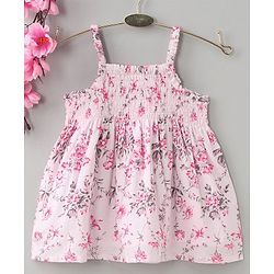 Babyhug Singlet Printed Top with Smocking & Bow - White
