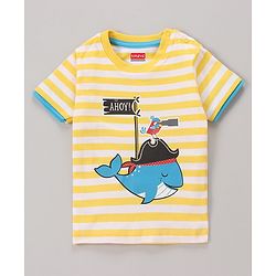 Babyhug Half Sleeves Bio Wash Striped Tee Whale Print - Yellow