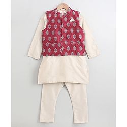 Babyhug Full Sleeves Kurta Payjama Set Witb Waistcoat - Maroon White