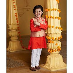 Babyhug Full Sleeves Kurta Payjama Set Witb Waistcoat - Red Golden