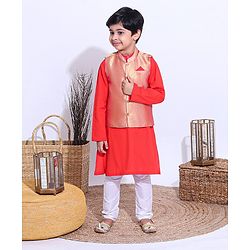 Babyhug Full Sleeves Kurta Payjama Set Witb Waistcoat - Red Golden