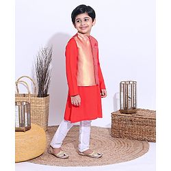 Babyhug Full Sleeves Kurta Payjama Set Witb Waistcoat - Red Golden