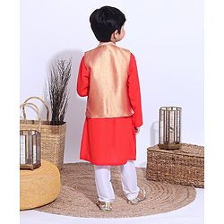 Babyhug Full Sleeves Kurta Payjama Set Witb Waistcoat - Red Golden