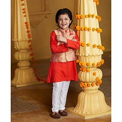 Babyhug Full Sleeves Kurta Payjama Set Witb Waistcoat - Red Golden