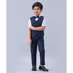 Babyhug 3 Piece Party Suit with Bow - White Navy
