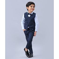 Babyhug 3 Piece Party Suit with Bow - White Navy