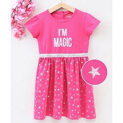 Babyhug Short Sleeves Frock Star & Text Print - Pink