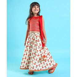 Babyhug Sleeveless Choli With Motif Print Lehenga and Netted Dupatta - Red Beige