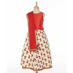 Babyhug Sleeveless Choli With Motif Print Lehenga and Netted Dupatta - Red Beige