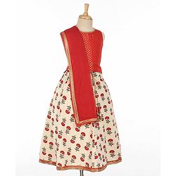 Babyhug Sleeveless Choli With Motif Print Lehenga and Netted Dupatta - Red Beige