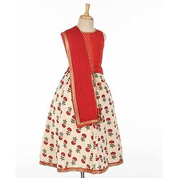 Babyhug Sleeveless Choli With Motif Print Lehenga and Netted Dupatta - Red Beige