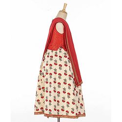 Babyhug Sleeveless Choli With Motif Print Lehenga and Netted Dupatta - Red Beige