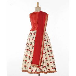 Babyhug Sleeveless Choli With Motif Print Lehenga and Netted Dupatta - Red Beige