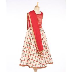 Babyhug Sleeveless Choli With Motif Print Lehenga and Netted Dupatta - Red Beige