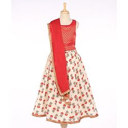 Babyhug Sleeveless Choli With Motif Print Lehenga and Netted Dupatta - Red Beige