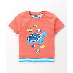 Babyhug Half Sleeves T-Shirt Turtle & Fish Print - Coral