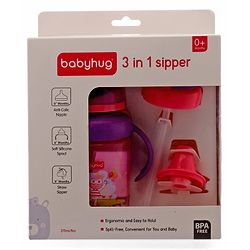 Babyhug 3 in 1 Anti Colic Nipple Spout and Straw Sipper Pink - 270 ml