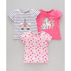 Babyhug Half Sleeves Biowashed Tees Unicorn Print Pack of 3 - Pink White