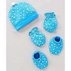 Babyhug Cap Mittens and Booties Set Star Print Blue - Cap Diameter 11 cm