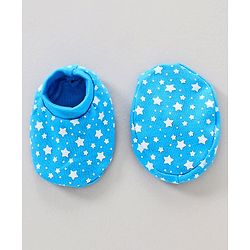 Babyhug Cap Mittens and Booties Set Star Print Blue - Cap Diameter 11 cm