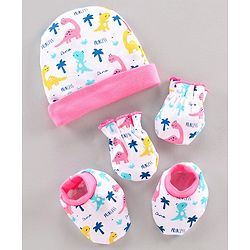Babyhug Cap Mitten & Booties  Dino Print - Cap Diameter 10.5 cm