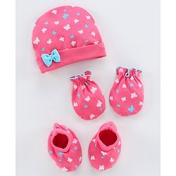 Babyhug Cap Mittens & Booties Butterfly Print Pink - Diameter 11.5 cm
