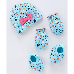 Babyhug 100% Cotton Cap Mitten & Booties Set Floral Print Blue - Diameter 10 cm