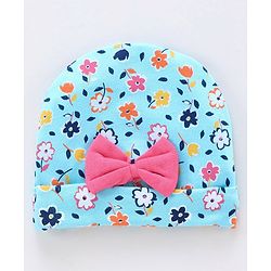 Babyhug 100% Cotton Cap Mitten & Booties Set Floral Print Blue - Diameter 10 cm