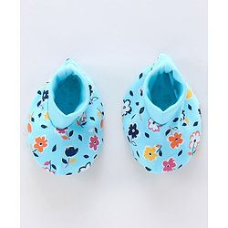 Babyhug 100% Cotton Cap Mitten & Booties Set Floral Print Blue - Diameter 10 cm