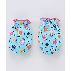 Babyhug 100% Cotton Cap Mitten & Booties Set Floral Print Blue - Diameter 10 cm