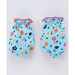 Babyhug 100% Cotton Cap Mitten & Booties Set Floral Print Blue - Diameter 10 cm