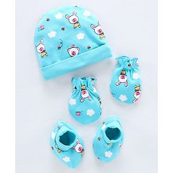 Babyhug 100% Cotton Cap Mittens & Booties Bear Print Blue - Diameter 11.5 cm