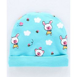 Babyhug 100% Cotton Cap Mittens & Booties Bear Print Blue - Diameter 11.5 cm