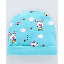 Babyhug 100% Cotton Cap Mittens & Booties Bear Print Blue - Diameter 11.5 cm