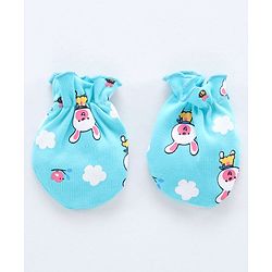 Babyhug 100% Cotton Cap Mittens & Booties Bear Print Blue - Diameter 11.5 cm