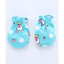 Babyhug 100% Cotton Cap Mittens & Booties Bear Print Blue - Diameter 11.5 cm