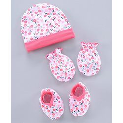 Babyhug Printed Cap With Booties & Mittens Pink - Diameter 11 cm