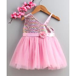 Babyhug Sleeveless One Shoulder Party Wear Sequined Frock  - Pink