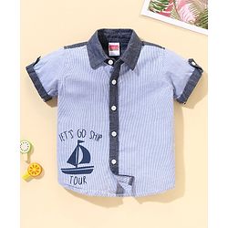 Babyhug Half Sleeves Striped Shirt Ship Print - Blue
