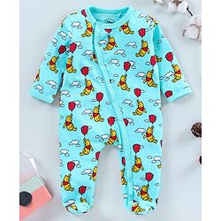 Babyhug Full Sleeves Foooted Sleepsuit Winnie The Pooh Print - Blue