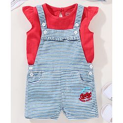 Babyhug Dungaree With Half Sleeves Inner Tee - Red & Blue