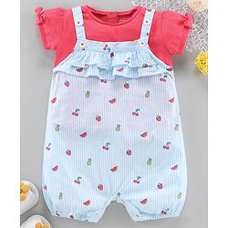 Babyhug Dungaree With Inner Top Fruits Print - Blue Pink