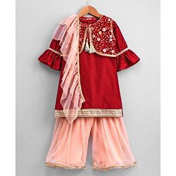Babyhug Full Sleeves Kurta Sharara with Jacket & Dupatta Set - Maroon Peach