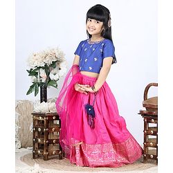 Babyhug Half Sleeves Choli Lehenga With Dupatta - Blue Fuschia