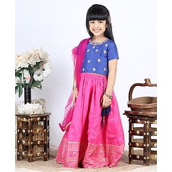 Babyhug Half Sleeves Choli Lehenga With Dupatta - Blue Fuschia
