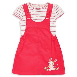 Babyhug Embroidered Frock with Cap Sleeves Striped Inner Tee - Red